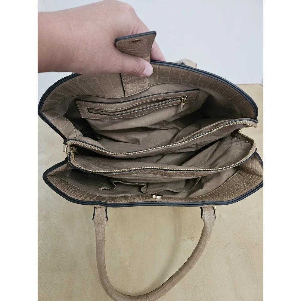 Bebe Beige Faux Croc Embossed Satchel Handbag Double Handle Tote Purse Medium